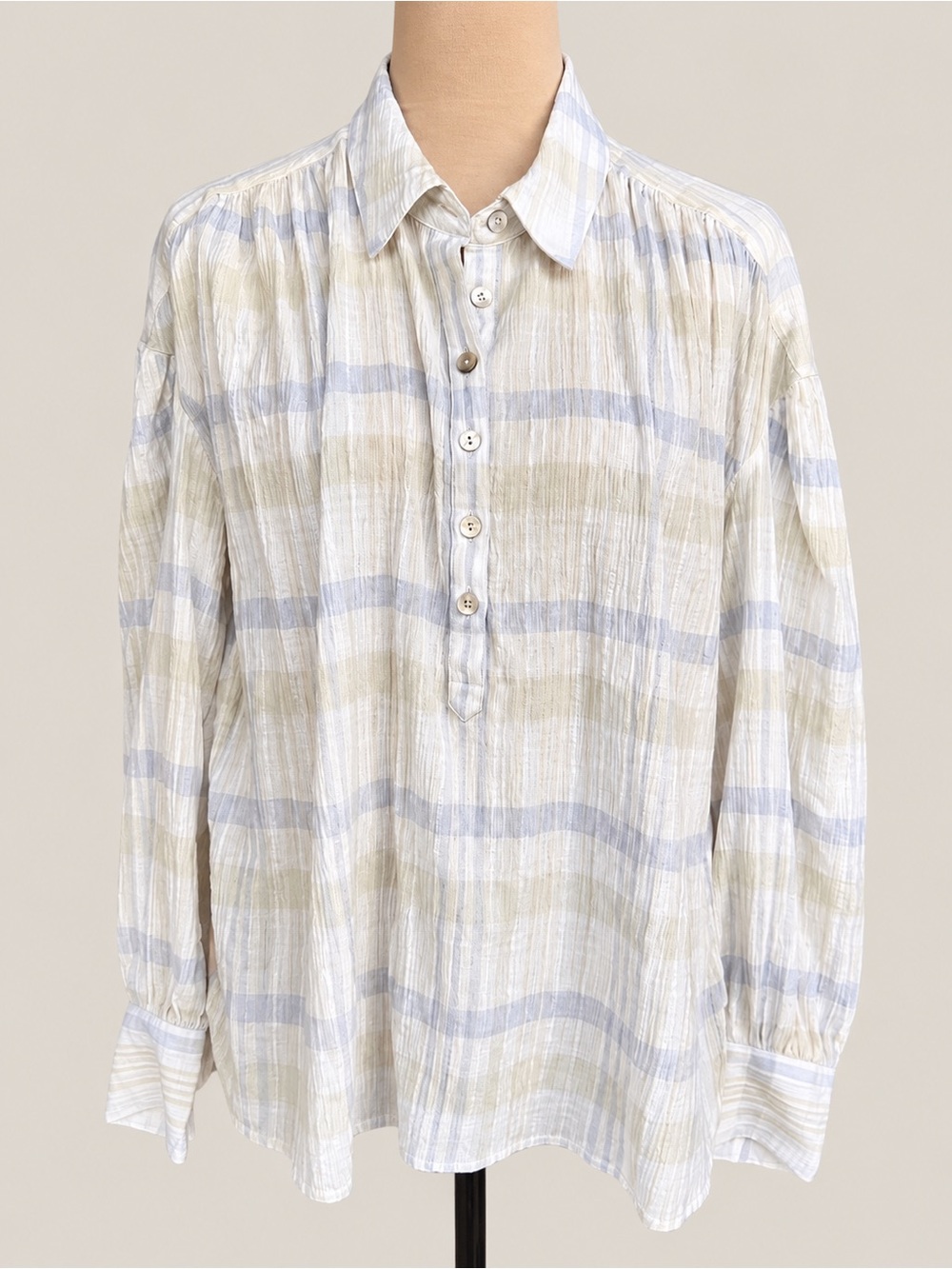 Faherty Organic Cotton Plaid Crinkle Popover Blouse Size L